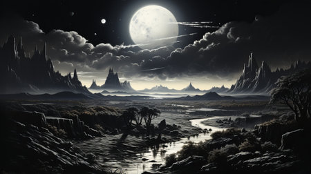 A celestial beacon illuminates the rugged terrain, casting a mystical glow upon the towering mountains under the starry night skyの素材