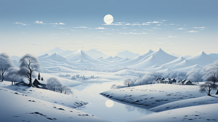 The pale moon casts a frozen glow upon the snowy landscape as a winding river carves its way through the arctic valley, surrounded by majestic mountains and untouched natureの素材