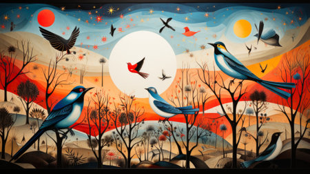 A vibrant modern art masterpiece, capturing the beauty of nature with its vivid depiction of birds and trees through skillful painting and delicate drawingの素材