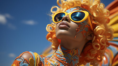 A vibrant woman with yellow and blue hair and glasses stands out in the bright blue sky at an outdoor carnival, wearing goggles and sunglasses as she embraces her human faceの素材