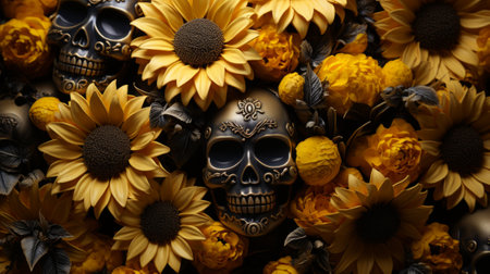 A vibrant still life featuring a single sunflower amidst a bed of yellow blooms, juxtaposed against a stark skull, evoking the fragility and beauty of life and deathの素材