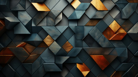 The striking contrast of black and gold squares create a mesmerizing symmetrical pattern, evoking a sense of abstract art and intricate design on the facade of a geometric buildingの素材