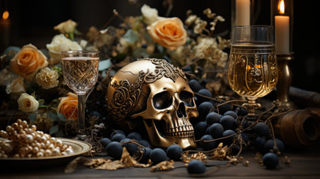Amidst a tranquil still life, a solitary skull rests upon a table adorned with a flickering candle, a vase full of roses, and a variety of grapes, evoking a sense of beautyの素材