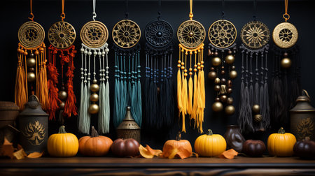 A flickering candle illuminates a festive assortment of vibrant dream catchers, creating a cozy and magical indoor scene for halloween, adorned with pumpkins, squash, gourds, and lanternsの素材