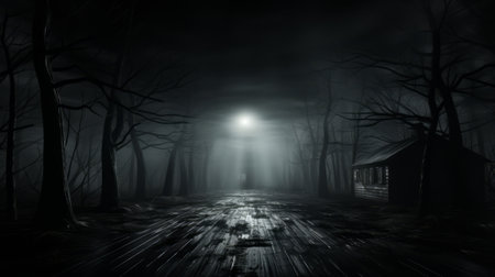 Amidst the eerie darkness of a winter night, a lone house stands hidden in the misty woods, surrounded by towering trees and enveloped in a thick fogの素材