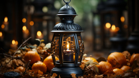 A solitary lantern illuminates the darkness of the night, its warm candlelight guiding weary travelers on their journey through the wild outdoorsの素材