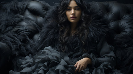 A stunning woman in a sleek black dress gazes confidently at the viewer, her perfectly rendered human face a work of art, embodying both high fashion and raw emotion within the indoor portraitの素材