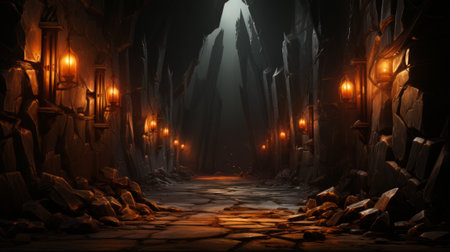 A dimly lit stone path, adorned with lanterns and scattered rocks, guides you through the darkness of the night as you step upon the earthy ground, enveloped in the warm glow of the outdoor lightsの素材