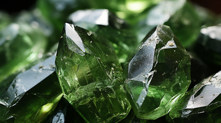 A shimmering cluster of emerald crystals, resembling a bed of delicate quartz leaves, glistens with an otherworldly beautyの素材