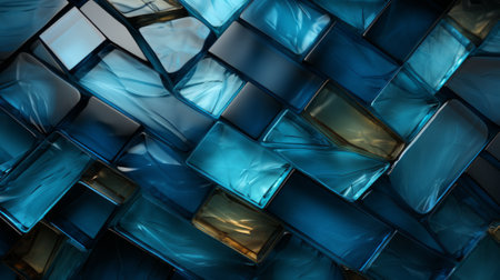 Vibrant electric blue dances with shimmering gold in a captivating abstract masterpiece of glass blocksの素材