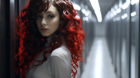 A fiery-haired woman with striking red locks and a bold lip stands confidently indoors, her long hair cascading down her human face and her clothing perfectly complementing her vibrant hair coloringの素材