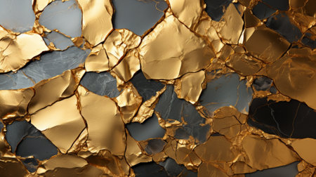 A shimmering abstract landscape of opulence and decay, where glimmers of gold emerge from a fractured and brooding darknessの素材
