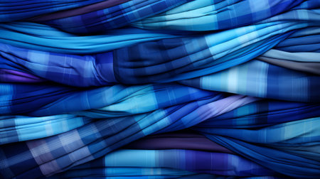 An explosion of cobalt and electric blue plaid fabric, embodying the colorful and abstract nature of fashion and artの素材