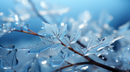 Amidst the frigid winter landscape, a delicate twig stands adorned with frost and snow, a symbol of resilience and beauty in the midst of freezing temperaturesの素材