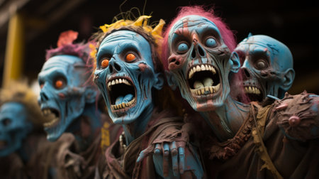 A haunting outdoor masquerade of blue zombie statues, their painted masks exuding horror and terrorの素材