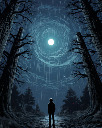 Lost in the winter night, a lone figure stands among the snow-covered trees, mesmerized by the glowing moon aboveの素材