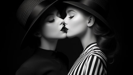 Two stylish women share a tender moment as they embrace in their fashionable hats, capturing the essence of love, beauty, and fashionの素材