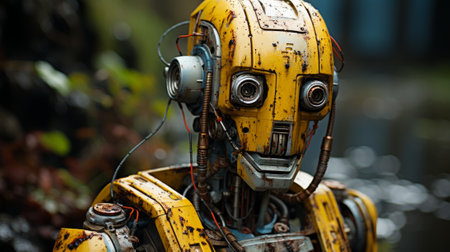 A futuristic automaton stands proudly in the great outdoors, its sleek yellow body glistening in the sunlight as it rests next to a powerful motorcycle, ready for its next adventureの素材