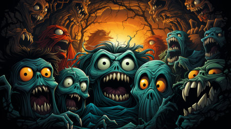 An imaginative canvas comes to life with a spooky crew of animated monsters, their vibrant colors and unique personalities captured in a whimsical painting perfect for the halloween seasonの素材