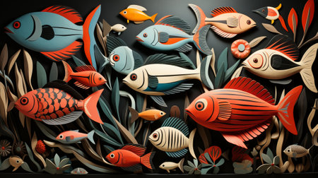 An ethereal painting captures the vibrant life and intricate beauty of a reef as a school of fish dance upon a mysterious black canvasの素材