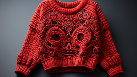 A bold statement piece, this red sweater showcases a striking skull design knitted with intricate detail and crafted with a blend of crochet and knit techniques, making it a uniqueの素材