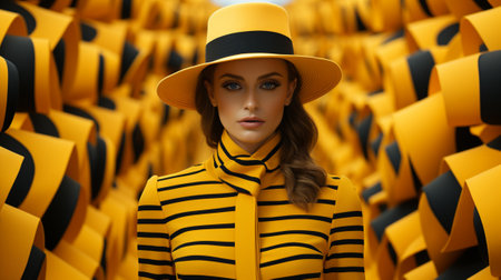A fashionable young woman wearing a yellow and black striped dress and a sun hat sits indoors at school, her fedora adding a touch of sophistication to her lookの素材