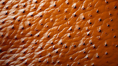 A vibrant orange pattern emerges from the textured leather surface, inviting the viewer to touch and feel the intricate detailsの素材