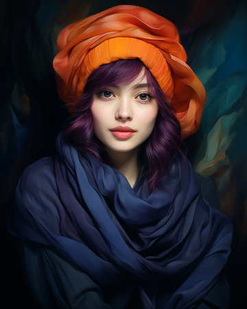 A vibrant and bold woman with a striking purple mane and a fiery orange turban gazes confidently at viewer in this captivating portrait, exuding strength and individuality through her unique styleの素材
