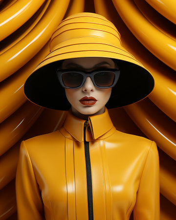 A vibrant woman donning a yellow ensemble with stylish sunglasses and a chic hat exudes confidence and adds a pop of color to her fashion-forward lookの素材