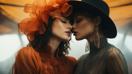 Two stylish ladies flaunting their unique headwear, exuding confidence and showcasing their individual fashion senseの素材