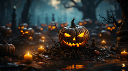 In the heart of the dark forest, a carved pumpkin with flickering candles illuminates the halloween spirit, reminding us of the ancient tradition of trick-or-treatingの素材