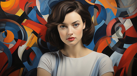 A vibrant portrait of a stylish girl with luscious brown locks and bold lipstick, set against a dynamic backdrop of colorful brushstrokesの素材