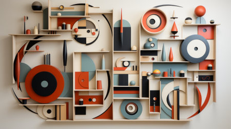 A vibrant display of eclectic treasures adorns the wall-mounted indoor shelf, showcasing a diverse collection of shapes and colorsの素材