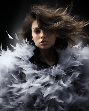 A fashion-forward woman strikes a regal pose in her exquisite feathered cape, exuding confidence and sophistication with her stylish scarf and elegant portraitの素材