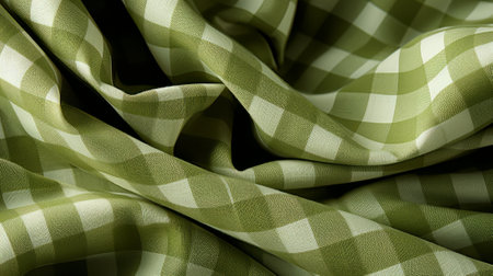 A vibrant green and white checkered fabric adds a playful touch to a cozy indoor outfitの素材