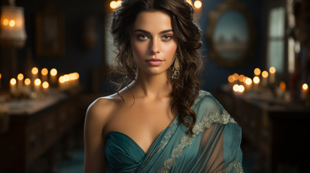 A stunning lady in a flowing blue dress radiates elegance and grace as she poses for a photo shoot by candlelight, her human face adorned with a soft smileの素材