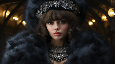 A glamorous woman exudes elegance and sophistication in her black fur coat and stylish hat, making a bold fashion statement indoorsの素材