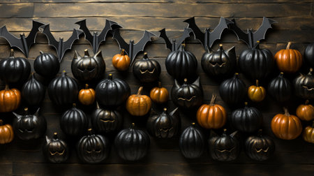 An artistic arrangement of black and orange pumpkins forms a bat shape against a rustic wooden backdrop. Halloween vibes and creativity in oneの素材