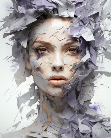 A haunting portrait of a woman with a fractured visage, her broken skin revealing the depths of her inner turmoil and the beauty of her vulnerabilityの素材