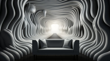 A 3D room with a white couch at its center is bathed in light from the right, highlighting large, curved, wave-like shapes that make up the wallsの素材