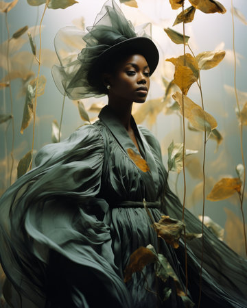 A mesmerizing portrait of a woman in a vibrant green dress and hat, her delicate features captured with masterful strokes of paint, surrounded by blooming flowers as she exudes grace and eleganceの素材
