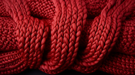 A vibrant red scarf, expertly knitted with delicate fibers and intricate knots, evokes a warm and cozy feelingの素材