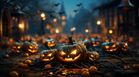 A vibrant gathering of cucurbita, adorned with flickering lights and exuding the essence of halloween, creating a charming and enchanting scene perfect for trick or treating outdoorsの素材
