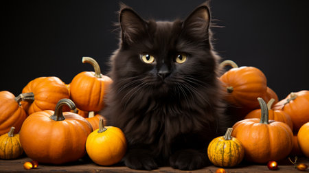 A sleek black feline cozies up to festive gourds, exuding an air of autumnal charm and embracing the natural foods of the seasonの素材