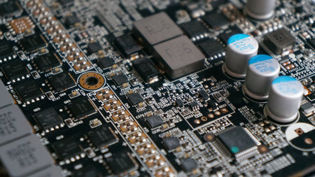 Electronic circuit board close-up. Electronic hardware technology. Motherboard digital chip.