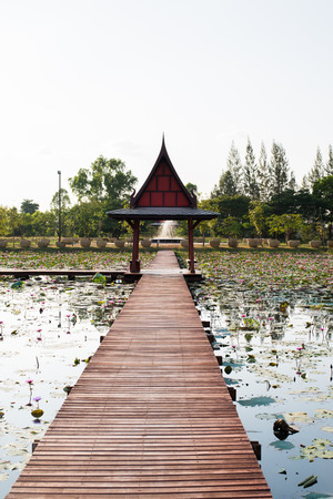 Thai wood lake pavilion cottage and wooden bridge around with lotus flower and green leafの写真素材