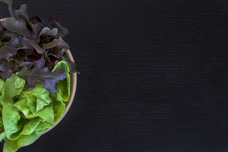 Two 2 tone salad in wooden bowl on dark wood tableの写真素材