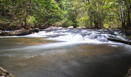 Natural waterfall and lake landscape in national park in Thailandの写真素材