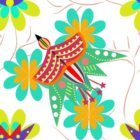 Bird and flower folk repeat patternのイラスト素材