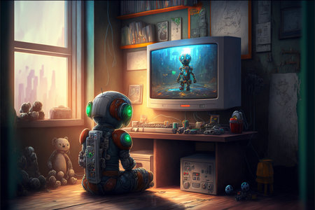 3D rendering of a robot playing video games in the room.の素材